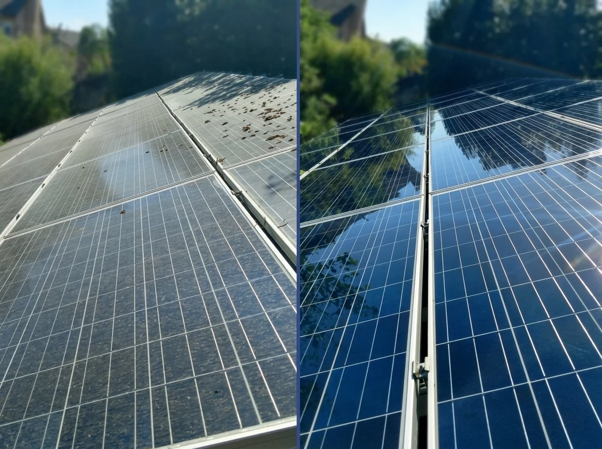 Confronto prima e dopo: pannello fotovoltaico sporco di depositi e polvere e lo stesso pannello dopo la pulizia, pulito e riflettente